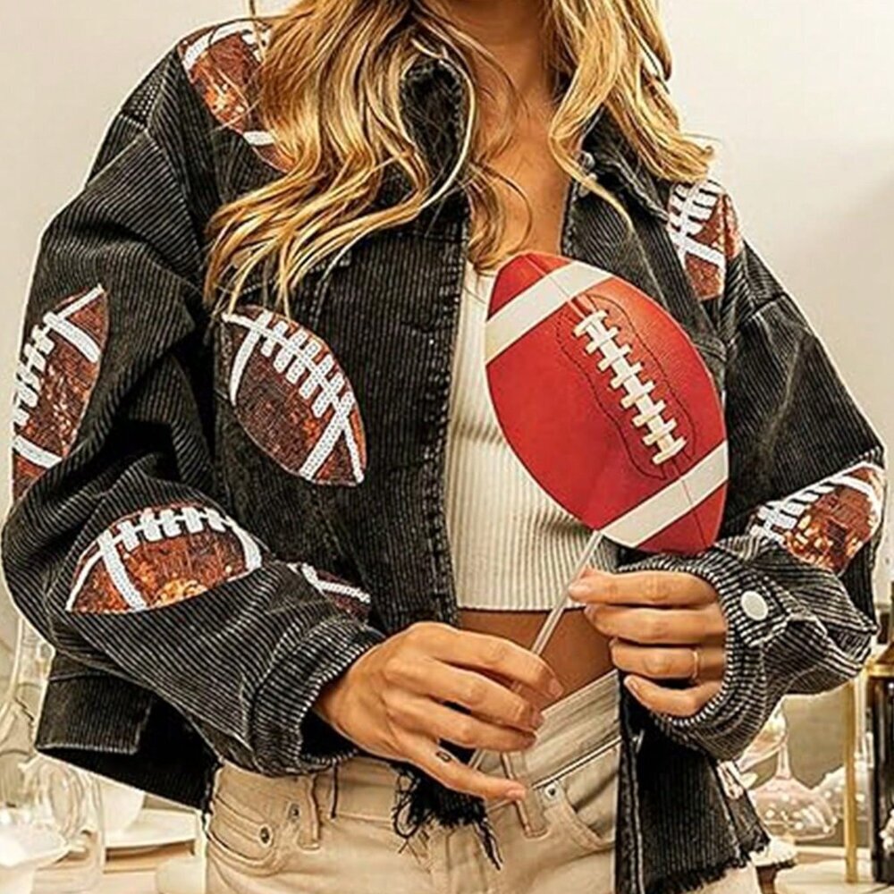 Black Casual Women's Cropped Corduroy Sequin Patched Jacket